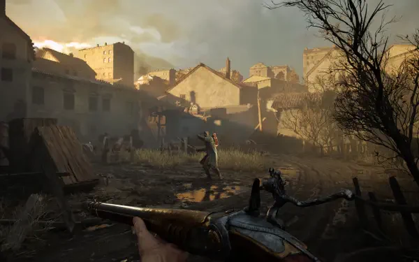 POV from the video game Valor Mortis: first-person rifle aimed across a ruined village at dusk, rendered in 4K Ultra HD as a PC desktop wallpaper/background.