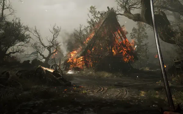 4K Ultra HD PC desktop wallpaper from the video game Valor Mortis: a burning A-frame house amid charred trees and a smoky battlefield, embers glowing beneath a stormy sky.