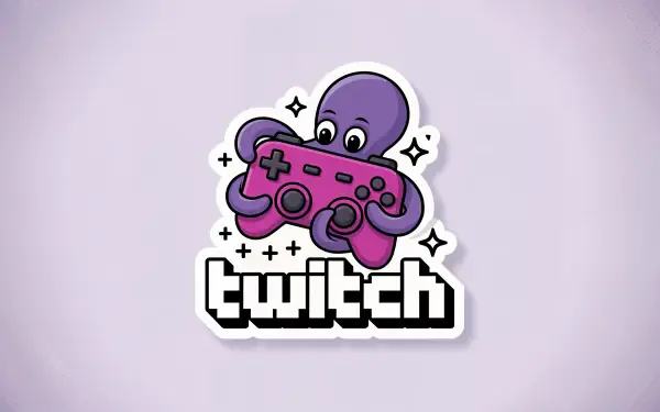 4K Ultra HD Twitch PC wallpaper: purple octopus mascot clutching a pink gamepad above the bold Twitch logo on a soft lavender gradient background.
