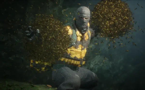 Metal Gear Solid Δ: Snake Eater 4K Ultra HD PC desktop wallpaper/background — masked operative in tactical gear kneels as two swirling insect swarms coil into spherical forms.