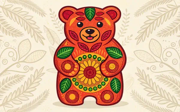 Folk-art orange bear decorated with flowers and green leaves on a cream, leafy patterned backdrop — 4K Ultra HD PC desktop wallpaper and background.