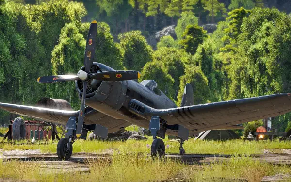 HD PC desktop wallpaper from the video game Aces of Thunder featuring a Vought F4U Corsair on a grassy airstrip with a lush jungle backdrop.
