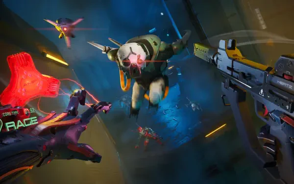 POV ambush in Metal Eden video game — 4K Ultra HD PC wallpaper of a player-held rifle engaging charging robotic drones amid neon, high-speed urban combat.