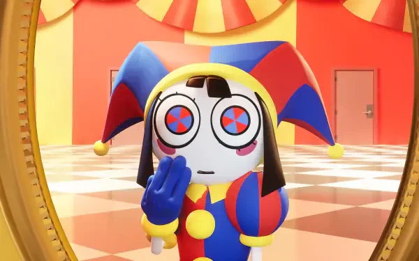 HD PC desktop wallpaper of a jester-like puppet from the TV show The Amazing Digital Circus, posed in a colorful circus hall with checkered floor and a gold-framed mirror.