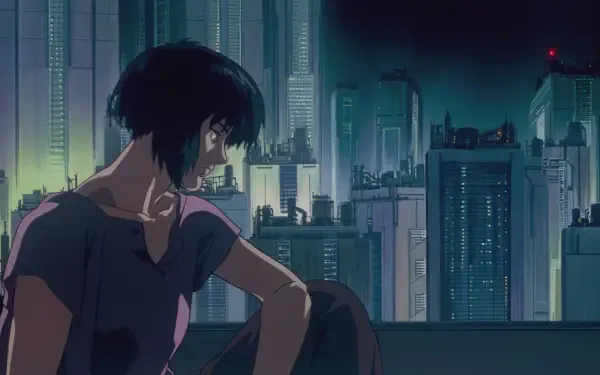 Anime HD PC desktop wallpaper: Major Motoko Kusanagi from Ghost in the Shell 2: Innocence sits on a ledge, gazing over a neon-lit cyberpunk city skyline.