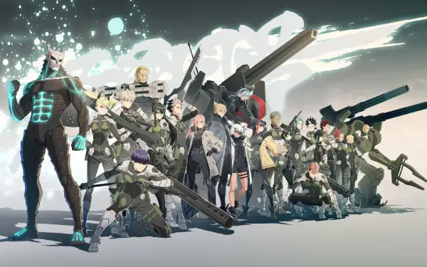 Kaiju No. 8 ensemble in a dramatic sci‑fi lineup, armed and glowing amid energy effects — high-detail 4K Ultra HD PC desktop wallpaper background.