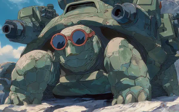 Anime-style animal tortoise with armored, rocky shell wearing round red sunglasses, rendered as 4K Ultra HD PC desktop wallpaper and background.