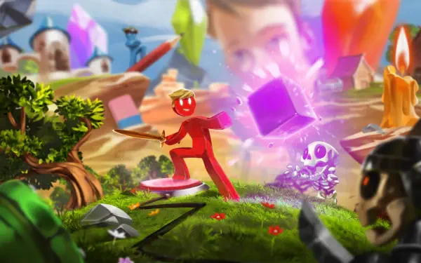 HD PC desktop wallpaper and background for the video game Supraworld: colorful adventure scene with a red character, glowing purple cube, crystals and whimsical creatures.