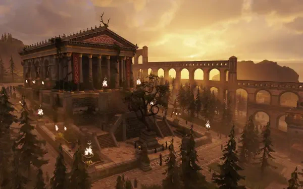 4K Ultra HD PC desktop wallpaper from the video game Anno 117: Pax Romana — sprawling medieval architecture on a hilltop with a temple, aqueduct and pine forest at golden sunset