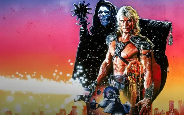 HD PC desktop wallpaper/background: Masters of the Universe movie — muscular hero in armor faces a hooded skeletal villain wielding a spiked mace against a neon sunset city skyline.