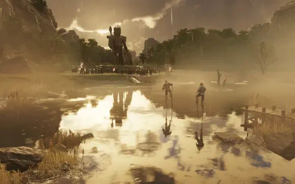 4K Ultra HD PC desktop wallpaper from the video game Anno 117: Pax Romana — misty riverbank at dawn with two figures wading, ruined statue silhouette and golden reflective water.