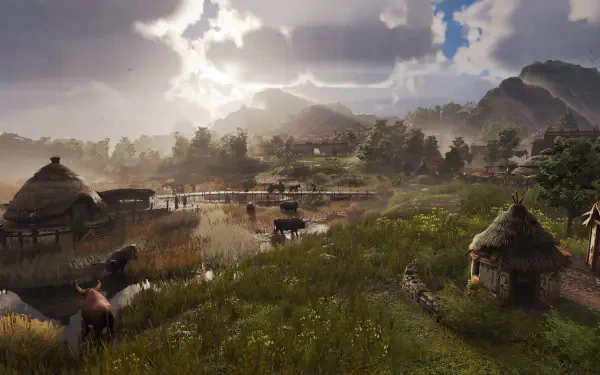 4K Ultra HD PC desktop wallpaper: panoramic village scene from the video game Anno 117: Pax Romana, with thatched huts, wooden bridge, grazing cattle and misty hills at sunrise.