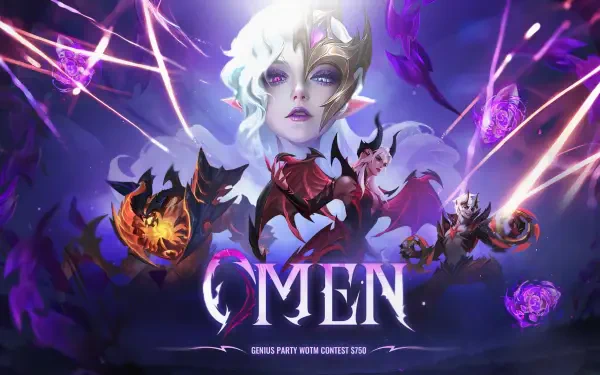 Obisidia 4K Ultra HD PC desktop wallpaper and background: ethereal pale elf with white hair and glowing eyes amid purple energy, flanked by bats and dark demonic creatures beneath OMEN.