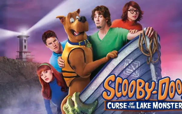 HD PC desktop wallpaper for Scooby-Doo! Curse of the Lake Monster: Scooby-Doo and the Mystery Inc. gang crowd a boat near a foggy lakeshore and lighthouse.