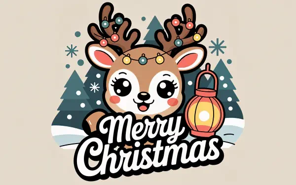 Cute Christmas 4K Ultra HD PC wallpaper: smiling cartoon reindeer with string lights and a lantern in front of snowy pine trees, with bold Merry Christmas lettering.
