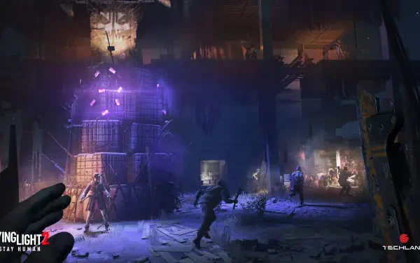 POV 8K Ultra HD PC desktop wallpaper of the video game Dying Light: The Beast, depicting a neon-lit underground arena with combatants and a glowing central structure.