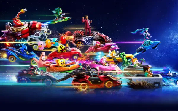 HD PC desktop wallpaper of Sonic Racing: CrossWorlds gaming art — Sonic and friends racing in neon karts across a cosmic racetrack.