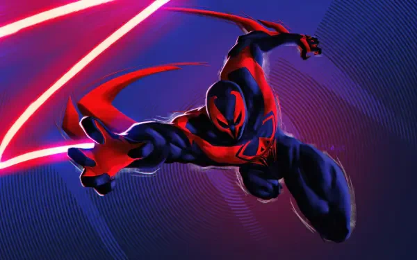 Comic-style 4K Ultra HD PC desktop wallpaper of Spider-Man 2099 lunging toward the viewer amid neon red and blue streaks, dynamic pose and futuristic cityscape hints.
