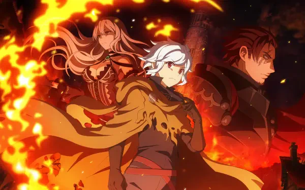 HD PC desktop wallpaper of Bell Cranel with Alfia and a brooding ally, posed amid roaring flames — artwork from Is It Wrong to Try to Pick Up Girls in a Dungeon?
