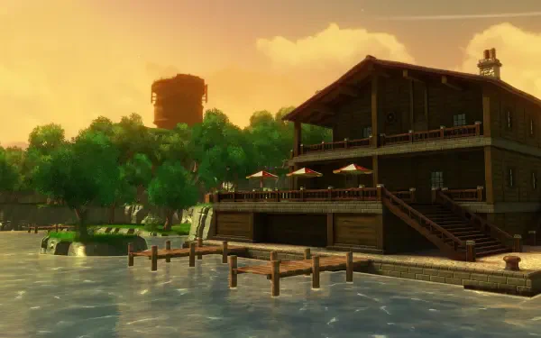 HD PC desktop wallpaper: sunset scene from the video game Trails in the Sky 1st Chapter — a wooden lakeside lodge with docks, trees and a distant tower reflected in calm water.