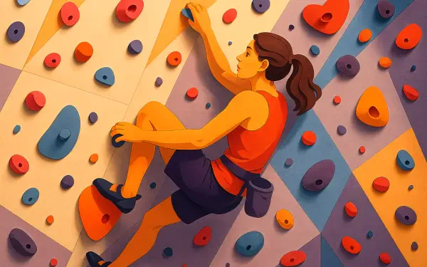 Vibrant 4K Ultra HD PC desktop wallpaper and background showing an indoor climber scaling a colorful bouldering wall, dynamic angle with bold holds and warm saturated hues.