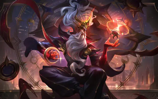 Zilean from the video game League of Legends levitates in ornate robes, shaping glowing time orbs over a clockwork cityscape — 8K Ultra HD PC desktop wallpaper background.