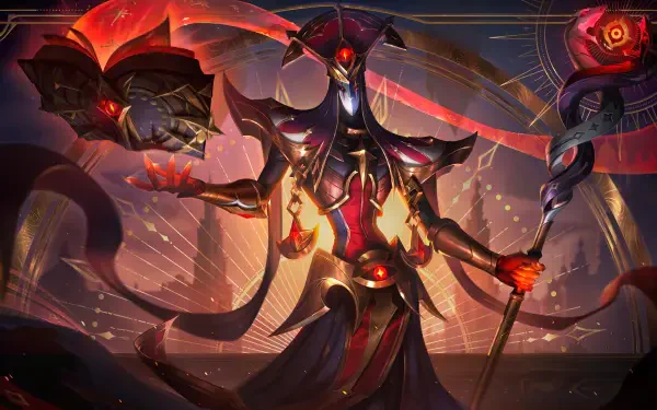 8K Ultra HD video game wallpaper: League of Legends' Karthus in red armor, wielding a glowing staff as spectral ribbons and embers swirl around him.