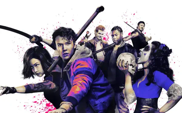 Deadly Class TV show HD PC desktop wallpaper — stylized group of young assassins posed with weapons and splattered paint background.