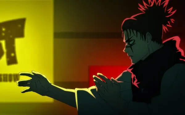 Anime HD PC wallpaper/background of Choso (Jujutsu Kaisen) in red-yellow backlight, silhouetted profile reaching forward with a glowing, outstretched hand.