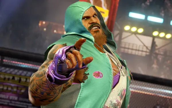 HD PC desktop wallpaper: Tekken 7 video game fighter Craig Marduk in a green hooded vest, snarling and pointing in a lit arena background.