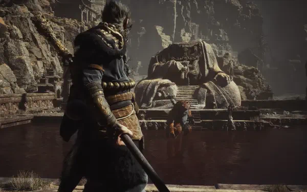 Black Myth: Wukong video game — cloaked warrior with staff faces a massive stone elephant statue in a dim cavernous temple. 4K Ultra HD PC desktop wallpaper/background.