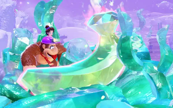 Donkey Kong Bananza HD PC desktop wallpaper: Donkey Kong and Diddy Kong ride a translucent crystal slide through a sparkling purple and turquoise crystalline landscape.