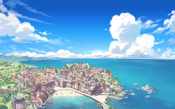 HD PC desktop wallpaper of a Pokemon Friends seaside town: colorful coastal village, turquoise ocean and a bright sky dotted with fluffy clouds.