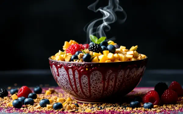 Vibrant acai bowl with mango, berries and mint, steam rising, 4K Ultra HD PC desktop wallpaper and background.