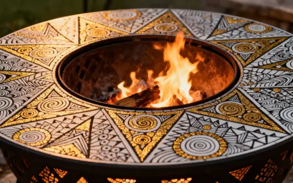 4K Ultra HD PC desktop wallpaper background — close-up of an ornate patterned metal fire pit with warm, dancing flames.