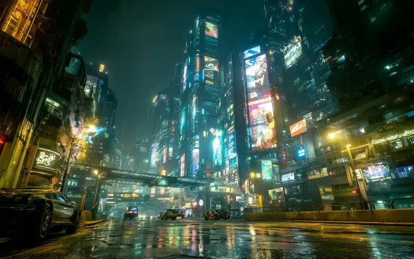 HD PC desktop wallpaper: rainy cyberpunk night in a futuristic city with neon-lit skyscrapers, wet reflective streets, glowing billboards and elevated walkways.