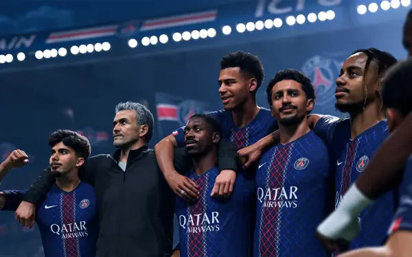 EA Sports FC 26 video game 4K Ultra HD PC wallpaper: Paris Saint-Germain F.C. players in navy home kit pose together on the pitch under stadium lights.