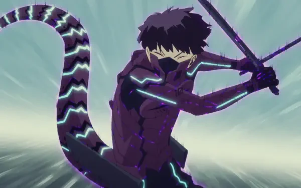 HD PC wallpaper of Soushirou Hoshina (Kaiju No. 8) in a fierce battle pose, glowing sword and electrified tail cutting through a blurred stormy backdrop.