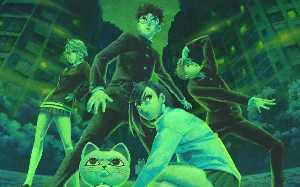 Dandadan 4K Ultra HD PC desktop wallpaper and background: four protagonists and a grumpy cat in a dramatic green-lit cityscape, crouched and poised for action under a stormy sky.