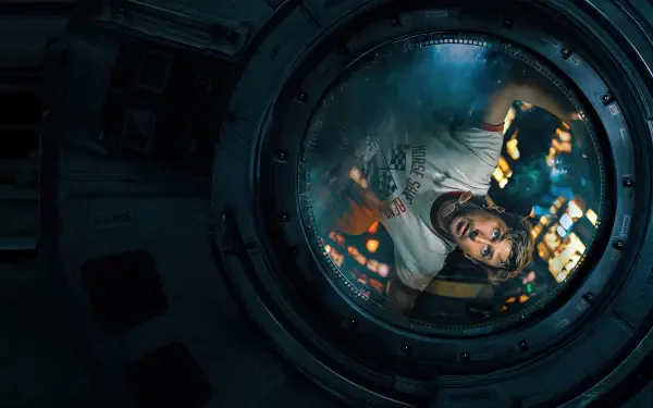 Project Hail Mary 4K Ultra HD PC desktop wallpaper: astronaut in a white suit peers through a circular spacecraft porthole at glowing lights beyond.