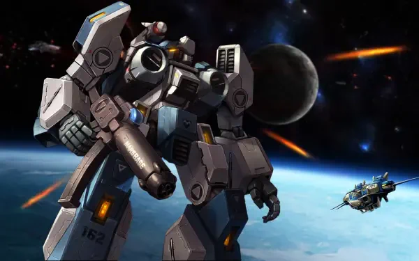 Robotech Beta (Up) mecha hovers over Earth in orbit, exchanging fire with a distant ship amid planets and streaking lasers — 4K Ultra HD PC desktop wallpaper and background.