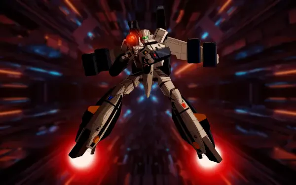 Robotech Battloid in 4K Ultra HD PC desktop wallpaper: armored mecha thrusting forward against a red-and-blue warp backdrop, glowing thrusters and illuminated cockpit.