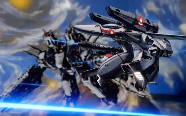 4K Ultra HD PC desktop wallpaper of a Robotech/Macross veritech Guardian in Gerwalk mode, dynamic aerial pose with motion blur and blue laser streaks.