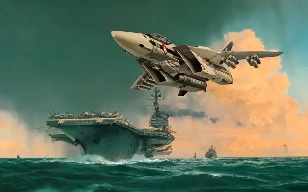 Veritech fighter from Robotech/Macross soars over an aircraft carrier at sunset — 4K Ultra HD PC desktop wallpaper/background.