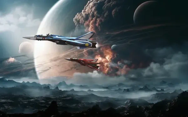 4K Ultra HD PC wallpaper: Robotech/Macross fighters with Max Sterling and Myria Parino racing through a smoky, planet-lit sky above a burning alien battlefield.