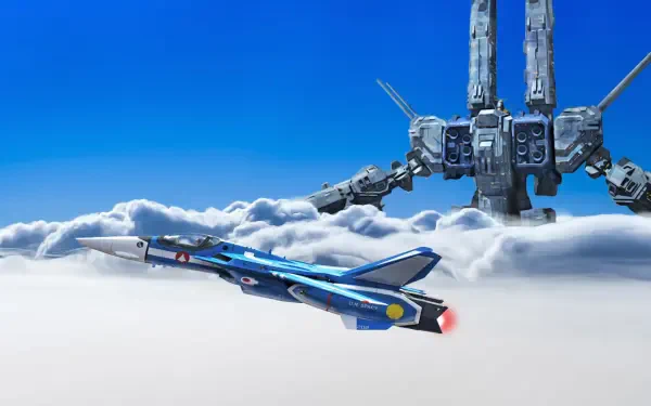 Robotech/Macross 4K Ultra HD PC desktop wallpaper: sleek VF fighter jet streaks above clouds with towering mecha legs rising into a clear blue sky.