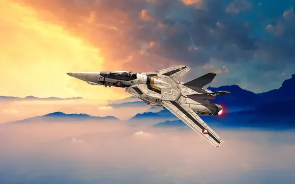 Robotech/Macross 4K Ultra HD PC desktop wallpaper: sleek variable fighter jet streaks above a glowing cloudscape at sunset, engine trail and distant mountain silhouettes.