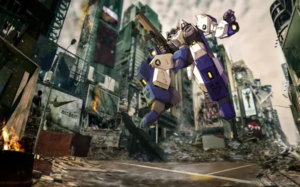 4K Ultra HD PC desktop wallpaper and background featuring a purple-and-white Robotech/Macross mecha striding through a ruined city street, surrounded by debris, burning wreckage, and collapsed buildings.