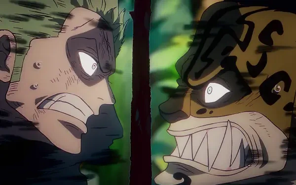 4K Ultra HD PC wallpaper: One Piece anime close-up of Roronoa Zoro and Rob Lucci in a split-screen glare, fierce expressions and vivid colors.