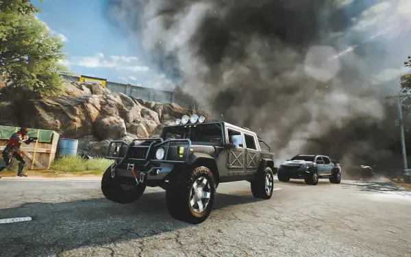 HD PC desktop wallpaper/background of video game Blood Strike showing armored SUVs speeding past a smoky explosion on a cracked road amid urban combat